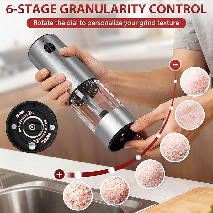 Electric Salt and Pepper Grinder Set with Rechargeable Base, 6 Adjustable Coarseness Levels, 95ml Large Capacity & Clear Container, Pepper Grinder Mill Electric with LED Light, 2Pack