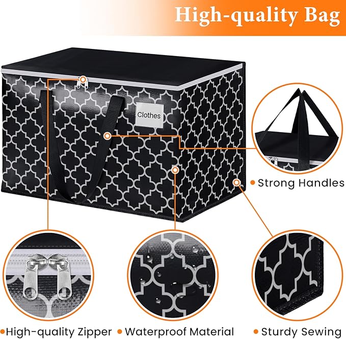 HomeHacks Heavy Duty Moving Bags with Tag Pockets, Collapsible Storage Totes for Moving, Camping & Travel -Foldable Packing Boxes, Zipper Handles, Black（6 Packs, 100L）