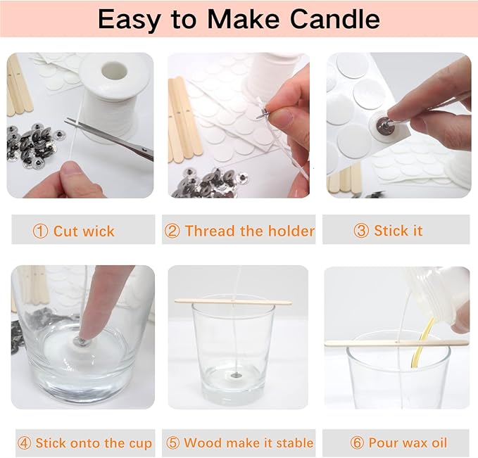 【200 Feet】Candle Wick Roll with 125 Pcs Metal Candle Wick Sustainer Tabs, 80Pcs Candle Wick Stickers and 5Pcs Wooden Candle Wick Centering Device, 61m Natural Cotton Candle Wicks for Candle Making Kit