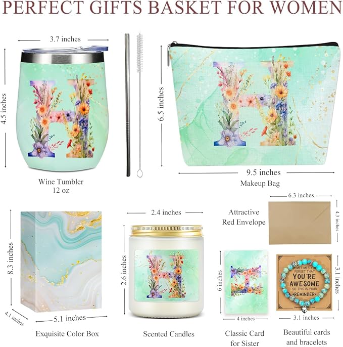 Personalized Gifts Monogrammed Birthday Gifts for Women, Bridesmaid Bachelorette Party Christmas Initial Wine Tumbler Makeup Bag Scented Candle Bracelet Set, (Aesthetic Green Flower H)