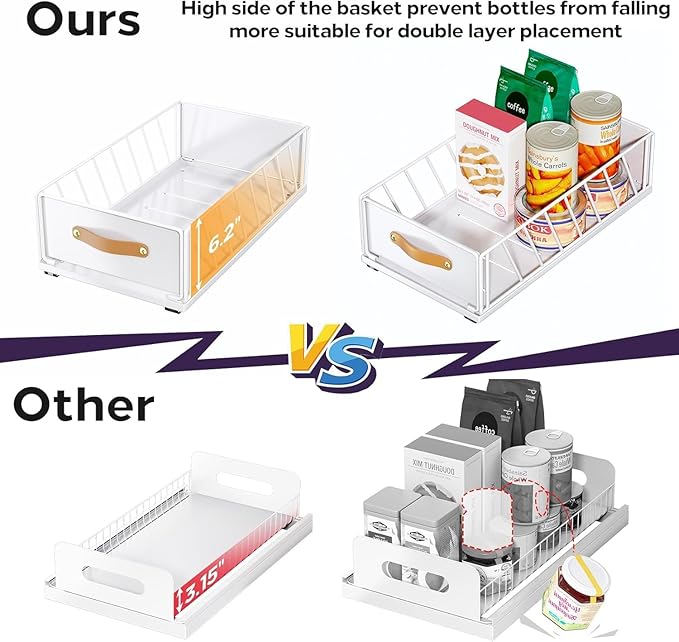 Pull out Cabinet Organizer,Heavy Duty Slide out Pantry Shelves Drawer Storage with Adhesive Nano Film,Sliding Mesh Cabinet Basket with Handle for Kitchen, Bathroom, Home, 13.8"W X 21"D X 6.2"H,White