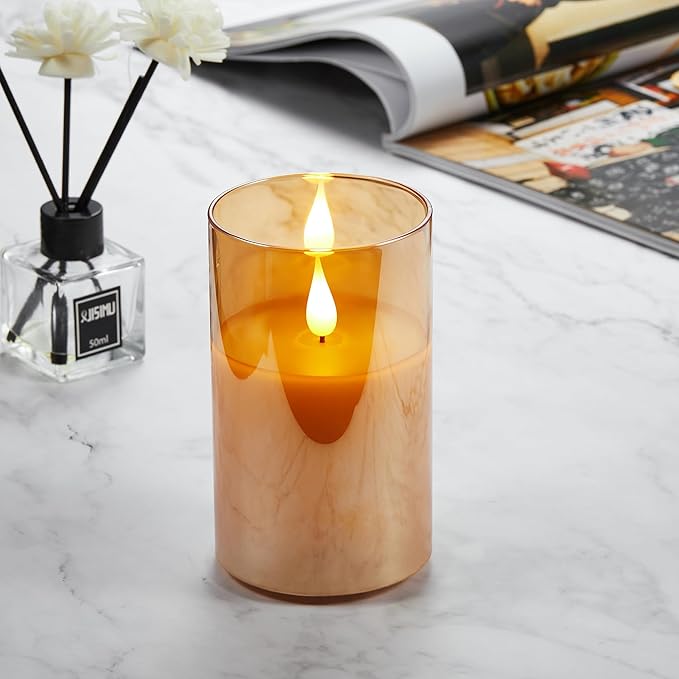 Rechargeable Battery Operated Flickering Flameless Candles with Remote and Timer, led Candle with 3D Wick Last 1000+ Hours Real Wax Electric Candles Pillar Candle for Home, Gold Glass 3" x 5"