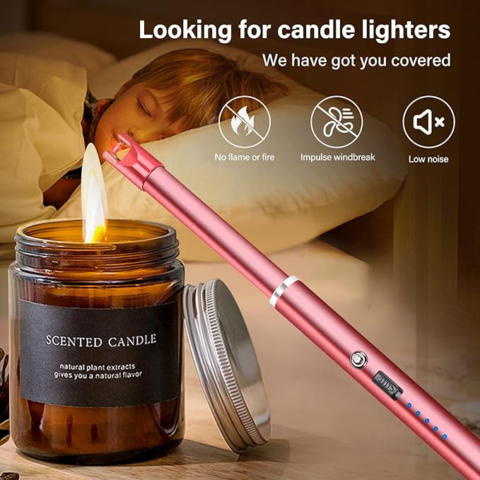 Navpeak Electric Candle Lighter Windproof USB Rechargeable Flameless Long Neck Lighter for Candles Gas Stove Fireplace BBQ Kitchen Grills (Rose Pink)
