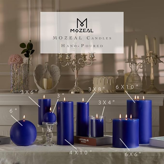 MOZEAL 3" x 4" Hand-Poured Unscented Candle, Dripless Pillar Candle Set of 3, Long Clean Burning, Approx 72 Hours Burn Time, Rustic Country Style, Wedding, Winter, Home Decor, Royal Blue