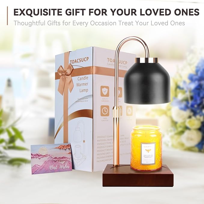TOACSUCP Candle Warmer Lamp with 3 Bulbs, Adjustable Height Dimmable Candle Warmer with Timer, Compatible with Large Jar Candles, Candle Lamp with Charming Gift Box Ribbon for Her/Him(Black)