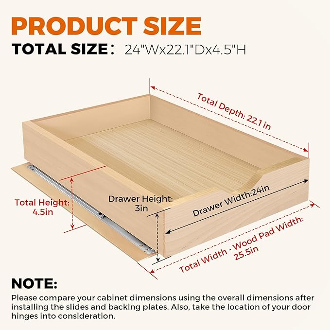 Pull Out Drawers for Cabinet Wood 24" W x 23" D x 4.5" H Slide Out Organizer and Storage Kitchen Cabinet Drawers Slide Out Shelves Pull Out Shelves in Kitchen Pantry Bathroom with Soft Close