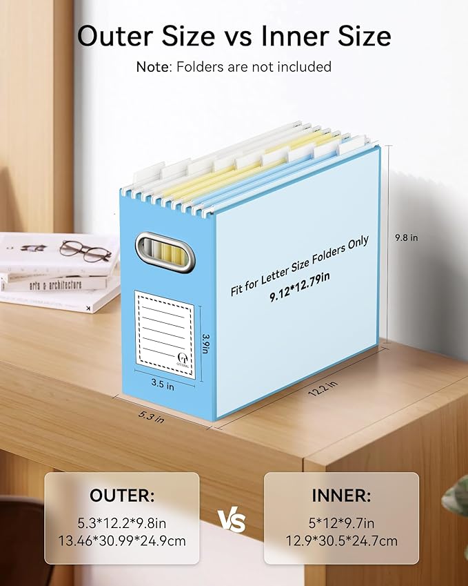 Oterri File Organizer Box, Portable Collapsible Cardboard File Folder Organizer with Handle for Letter Size Hanging Files, Document Storage Box for Home Office & Classroom (2 Packs, Blue)
