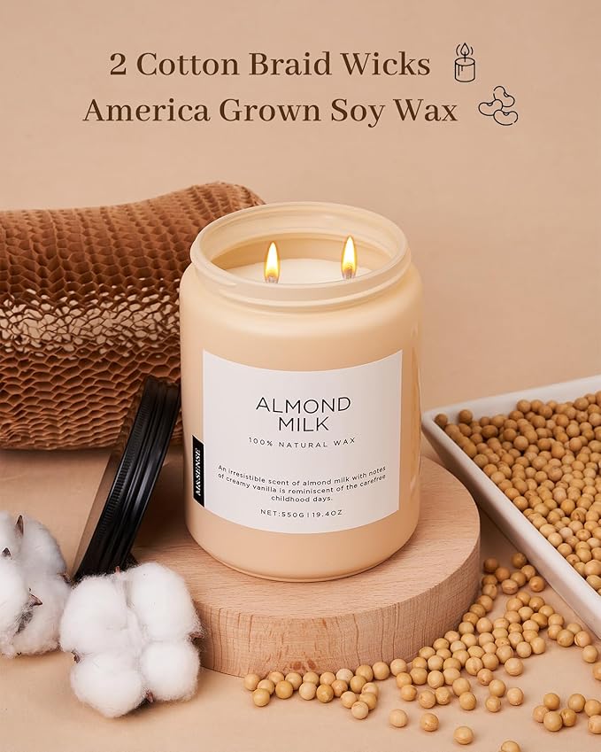 M&SENSE Almond Milk Scented Candles for Home, 19.4oz 110 Hours Long Lasting Non Toxic Natural Organic Soy Wax Relaxing Scented Candle Valentine's Day Gift for Women Men