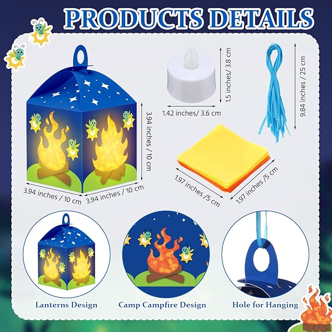 Simgoing 12 Sets Camp Crafts with LED Candles Lights Camping Campfire Vbs Tissue Paper Crafts Kits DIY Campfire Lantern Hanging Ornaments for Vbs Sunday School Party Activities