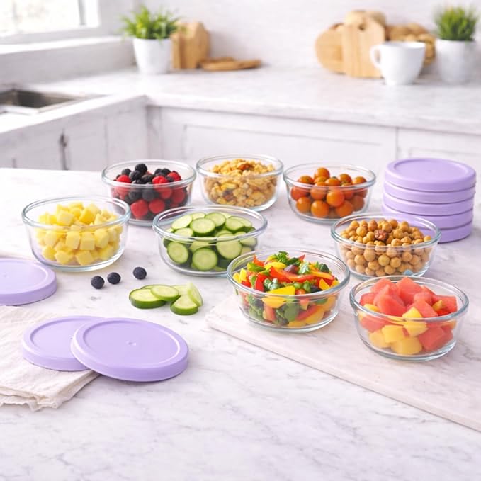DURA LIVING 16-Piece Glass Food Storage Containers Set (8 Containers + 8 BPA-Free Lids) | 1-Cup, Leakproof | Microwave, Freezer, Oven & Dishwasher Safe | Ideal for Meal Prep & Pantry Organization