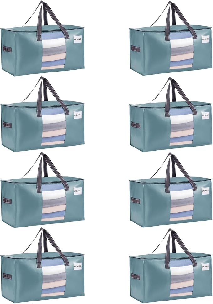 VENO 8 Pack Heavy Duty Moving Bags, Clothes and Comforter Storage Bags with Clear Window, College Dorm Essentials Packing Supplies, Foldable Boxes Alternative (Shiny Light Blue, 8 Pack)