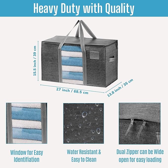 VENO 10 Pack Moving Bags with Clear Window, Heavy Duty Storage Bins with Lid, Around Handles, Tag, Zippers, Extra Large Totes Packing Moving Boxes Supplies for College Dorm Clothes (Dark Gray)