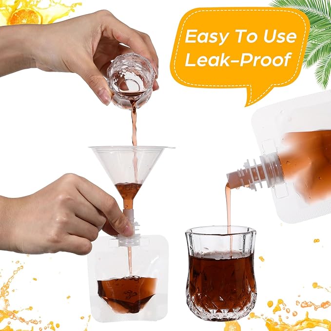 100 Pcs Plastic Pouches Bulk Clear Juice Bags Squeeze Pouches Plastic Leak Proof Bags with Funnel for Party Favors (1 oz)