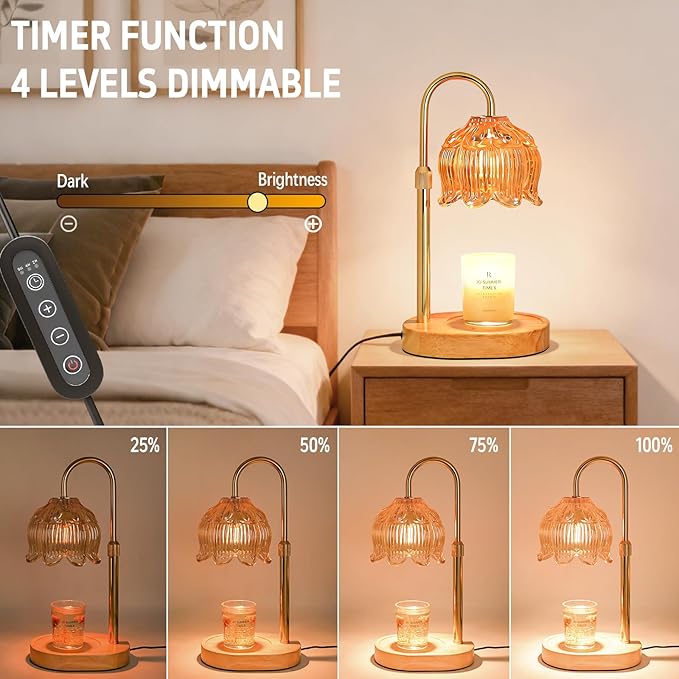 Flower Candle Warmer Lamp for Jar Candles with Timer & Dimmer, Adjustable Height Fits Large Jars up to 7.08" Tall, Flameless Wax Warmer, Cozy Bedroom Home Decor, Gift for Mom Women