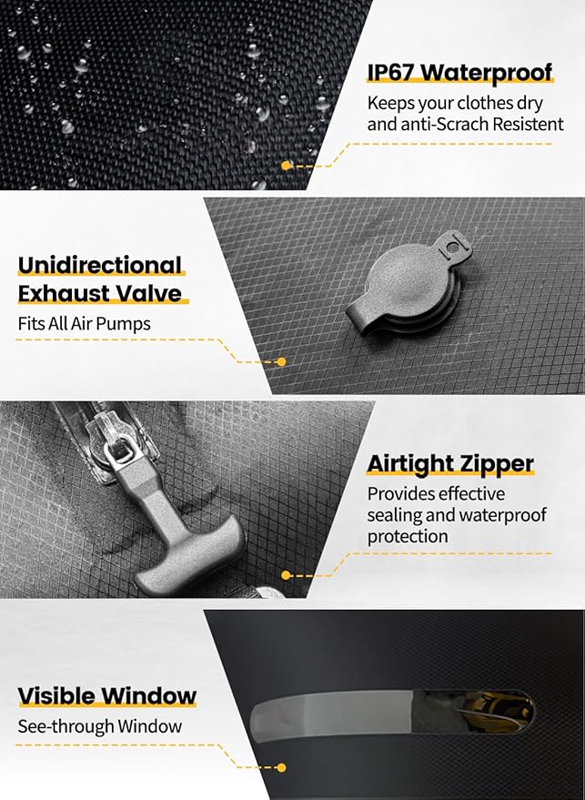 Travel Vacuum Bags with USB-C Pump, Compression Storage Bags for Clothing, Space Saving Packing Cubes Alternative for Carry-On Suitcase, Backpack & Luggage, Waterproof Reusable Travel Bags