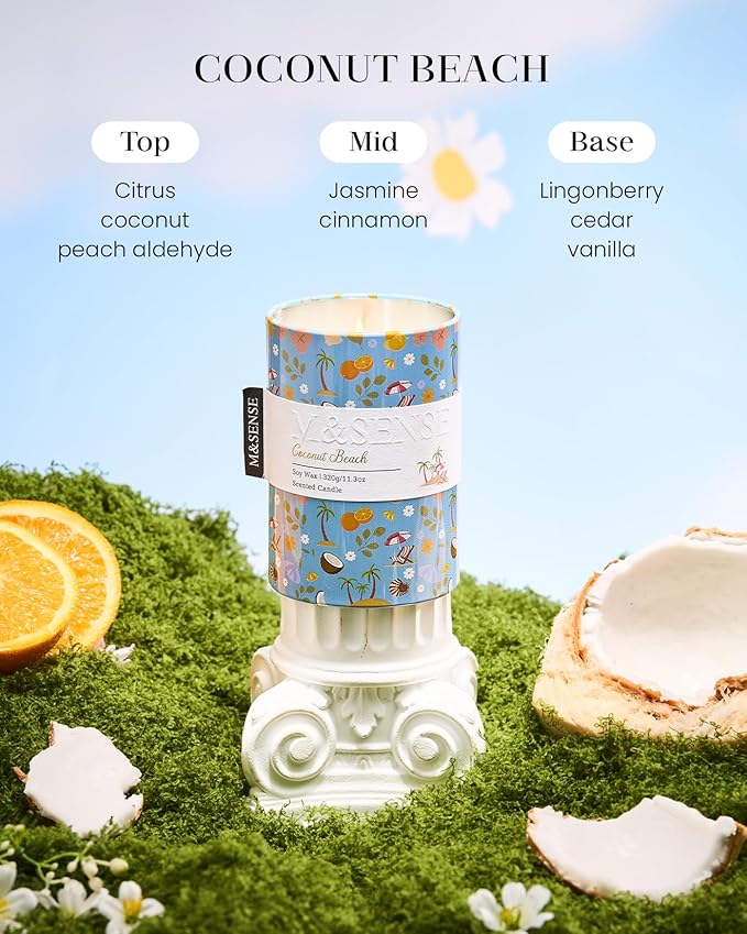 M&SENSE Spring Candle 11.3 oz, Coconut Beach Scented Candle, Non-Toxin Soy Wax for Home Scented, Floral Candles Gift for Her, Up to 70 Hours Burning Long-Lasting Fragrance