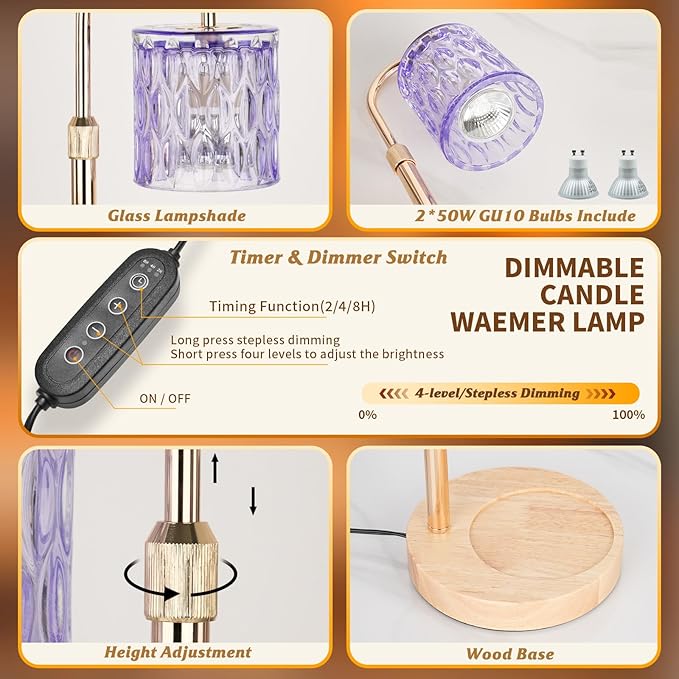 HAIDOLIANG Candle Warmer Lamp with Timer and Dimmer, Height and Brightness Adjustable,Glass Electric Wax Warmer with 2 Bulbs for Women Mom Gifts, Home Decor for Scented Jar Candles (Purple)