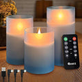 Rechargeable Flameless Candle, Flickering LED Pillar Glass Fake Candle with Remote and Timer, Built-in Battery Real Wax Electronic Candle for Room Decoration, Set of 3
