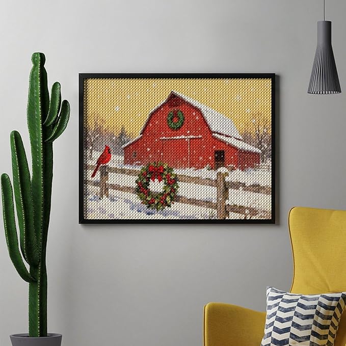 AIVKIEJK Diamond Painting Kits for Adults - Christmas Winter Cardinal, Red Barn Scene Painting DIY 5D Full Drill Diamond Dots Paintings with Diamonds Gem Art and Crafts Home Decor 12"x16"