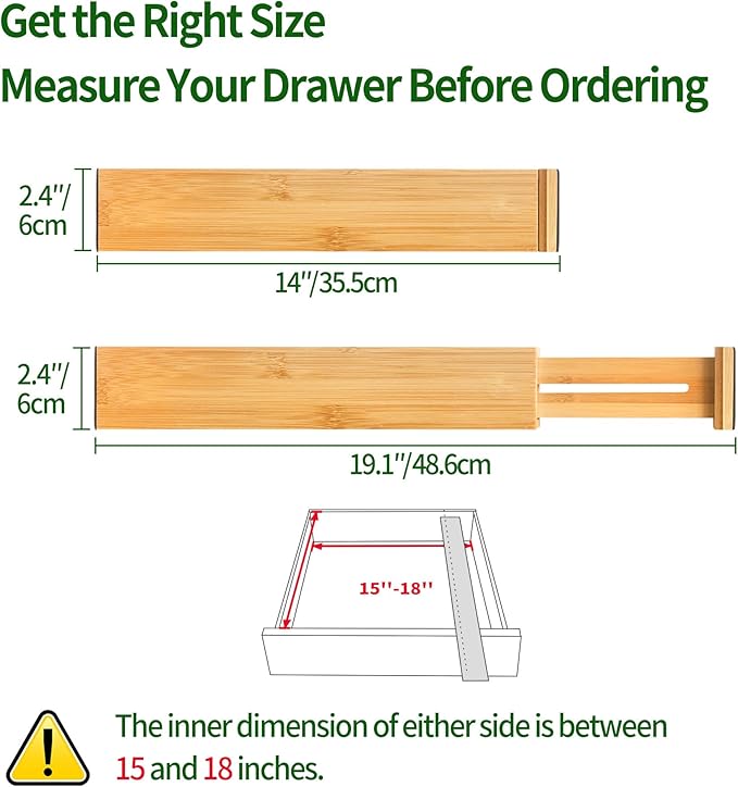 VaeFae 6-Pack Bamboo Drawer Dividers – Adjustable 14"-19.1" (Fits 15"-18" Drawers ONLY), Spring-Loaded Expandable Organizer for Kitchen, Bedroom, Office & Bathroom, MUST MEASURE Before Purchase | 6 Pack, Adjustable, Expandable, Organization