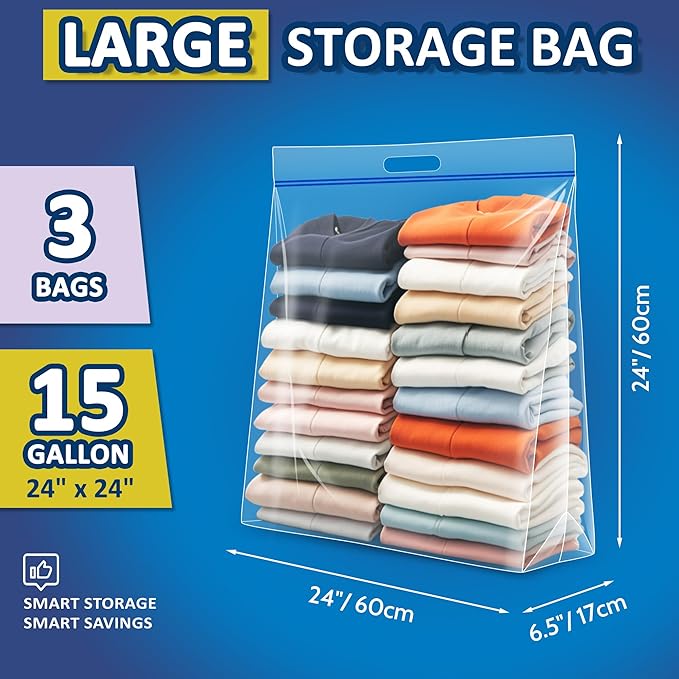 15 Gallon Large Resealable Storage Bags with zipper Top，24" x 24" Heavy Duty Clear Bags with Handles, 4 Mil Thick - Perfect for Clothing, Pillows, Travel, and Moving (3-Pack)