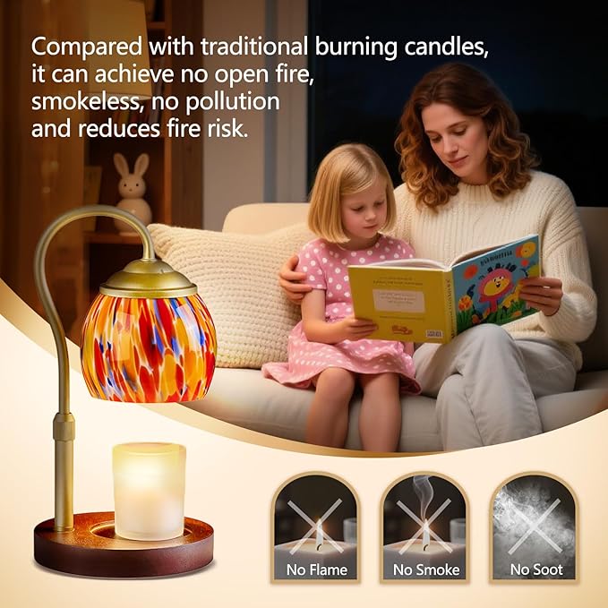 Red Opal art Glass Candle Warmer Lamp with Wood Base - Height Adjustable, 2/4/8H Timer, 4-Level Dimmer - Includes 2 GU10 Bulbs - Festive Winter Holiday Decor & Gifts for Women, Fits Candles up to 5"
