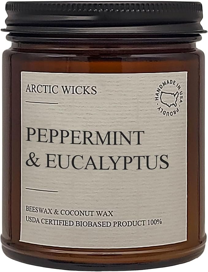Arctic Wicks Peppermint & Eucalyptus Candle | 9oz Amber Jar | Arctic Wicks Handmade Scented Natural Coconut Beeswax Candles | Prefect Gift For Spa Lovers Non-Toxic 100% USDA Certified Biobased