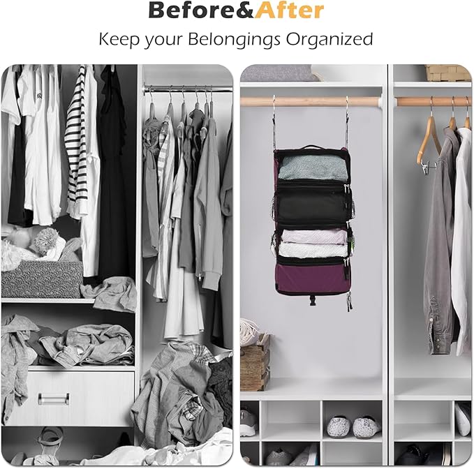 TABITORA Travel Luggage Organizer Hanging Packing Cubes Portable Hanging Shelves Carry on Closet for Suitcase with 2 Hooks,Collapsible(Purple,S)