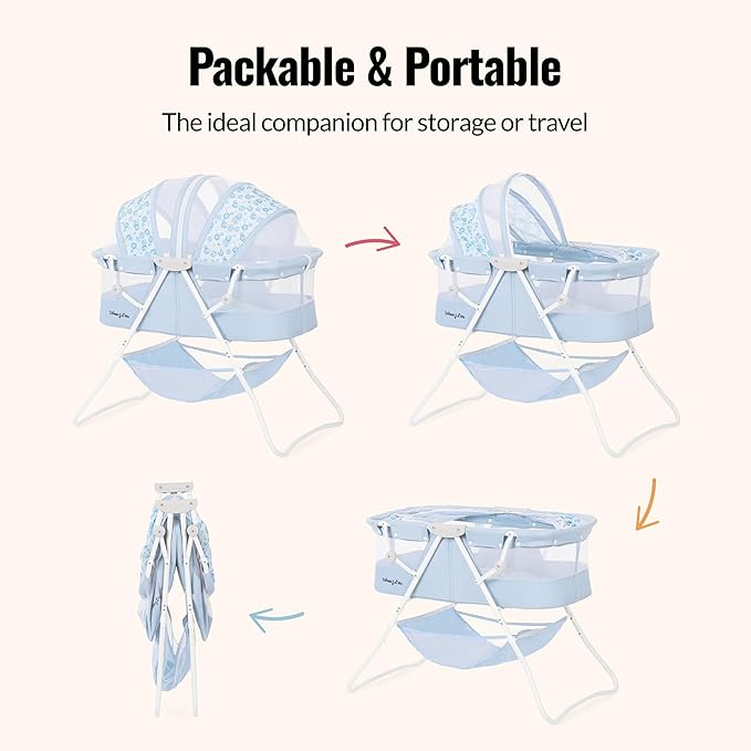 Dream On Me Karley Bassinet, Award Winner Lightweight Travel Baby Bassinet, Foldable Bedside Sleeper, Adjustable Double Canopy, Spacious Design, Soft Fabric, Storage Basket – Light Blue