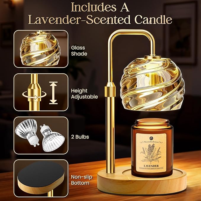 WarmEmbrace Candle Warmer Lamp with Lavender Candle Set, Electric Wax Warmer Lamp with Auto Timer & 4 Dimmable Lights, Adjustable Height for Jar Candles, Elegant Home Decor Gift for Women, Gold