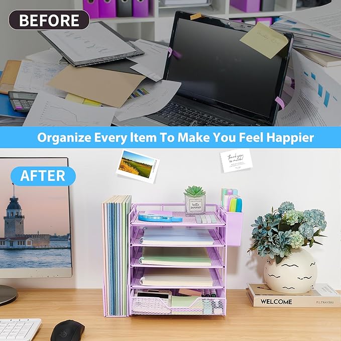 Desk Organizer, 5-Tier Paper Letter Tray Organizer with File Holder, Drawer and Pen Holder, Desktop Organizer for Office Supplies, Purple