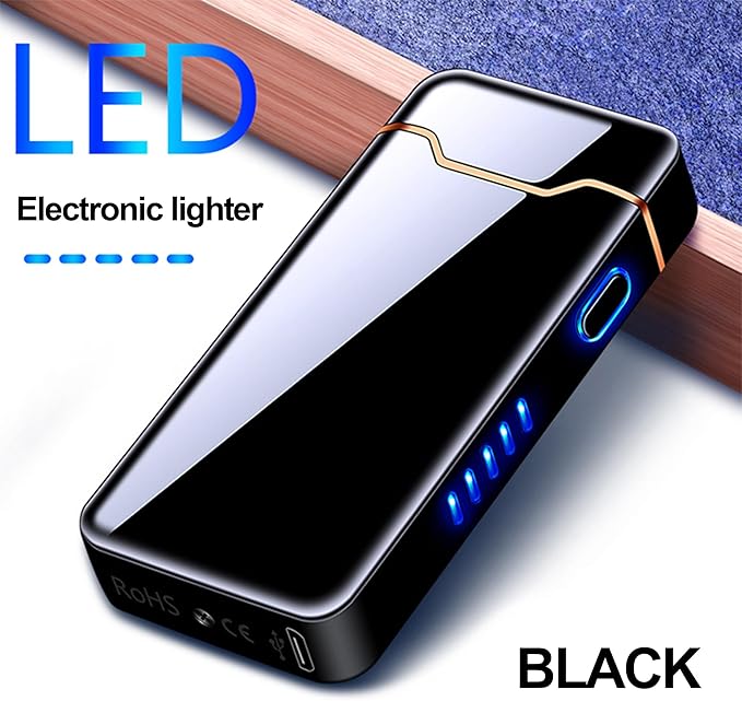 Electric Lighter Plasma Rechargeable with LED Battery Indicator Big Flame, USB Convenient Charging, Windproof Outdoor Cool Lighter Gifts for Men（B-Black）