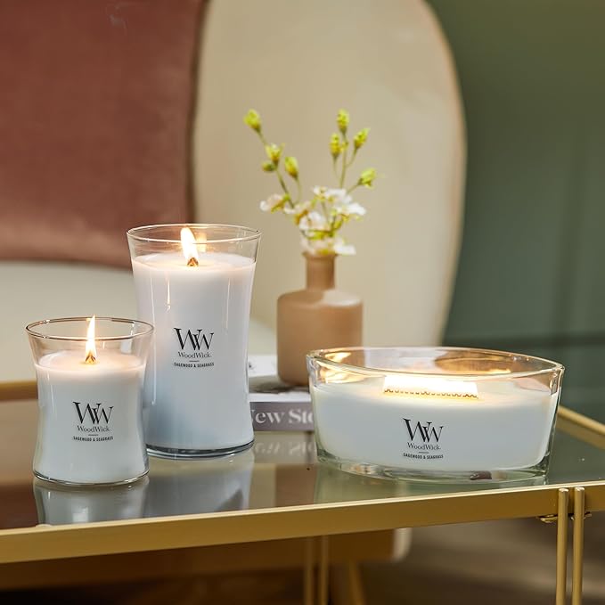 WoodWick Sagewood & Seagrass Gifts for Women and Men, 16 oz Ellipse Candle with Crackling Wick
