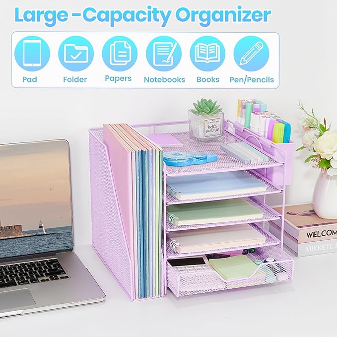 Desk Organizer, 5-Tier Paper Letter Tray Organizer with File Holder, Drawer and Pen Holder, Desktop Organizer for Office Supplies, Purple