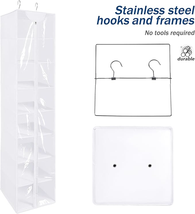 8 Tier Clear PVC Closet Hanging Organizer with Zipper, Foldable Hanging Closet Organizers and Storage, Hanging Clothes Storage Organizer, hanging shoe organizer, White Closet Shelves