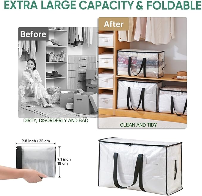 4 Pack 95L Large Capacity Heavy Duty Foldable Storage Bags - Handheld Totes with Double Zippers, Side Handles & ID Label Slot, Waterproof PP Fabric for Quilts, Clothes, Toys & Household Organizing