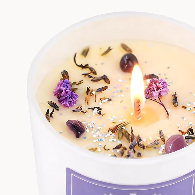 Lavender Scented Candle Gift - 10oz Natural Soy Wax with Crystals, 60H Long Lasting Aromatherapy Candle for Relaxation, Birthday Mother's Day Gifts for Women