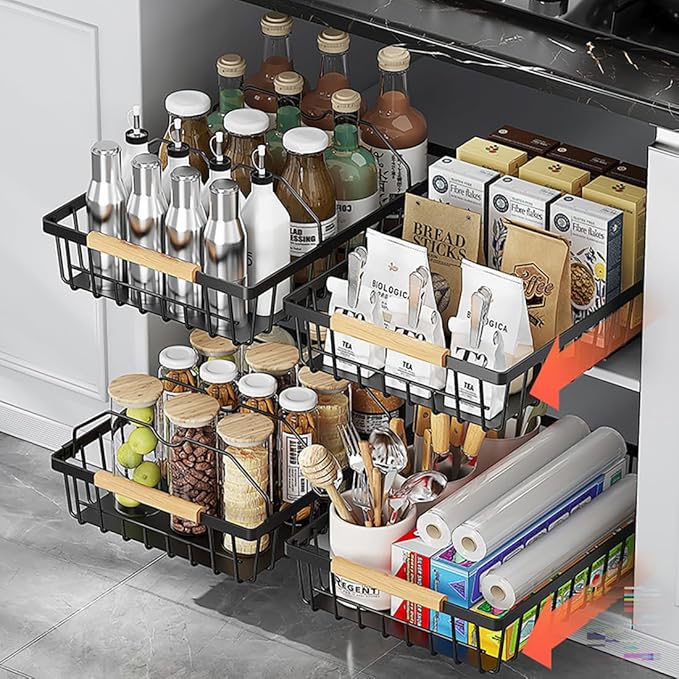 2 Pack No Drill Pull Out Cabinet Organizer, Premium Carbon Steel Slide-Out Drawer with strong nano adhesive, Under Cabinet Storage Shelf for Kitchen, Pantry, Bathroom, Black