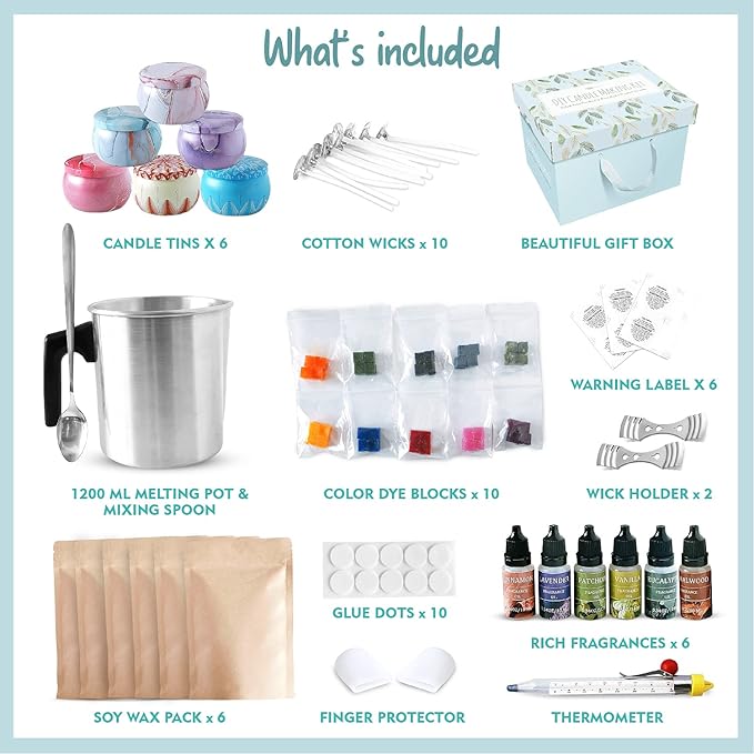 DALIBO DIY Candle Making Kit - Complete Starter Set for Beginners with Natural Soy Wax, Jars, Essential Oils, Melting Pot, Spoon, Wicks, Dye Blocks, Thermometer - Craft Supplies - 60-Pack,CMK-2021