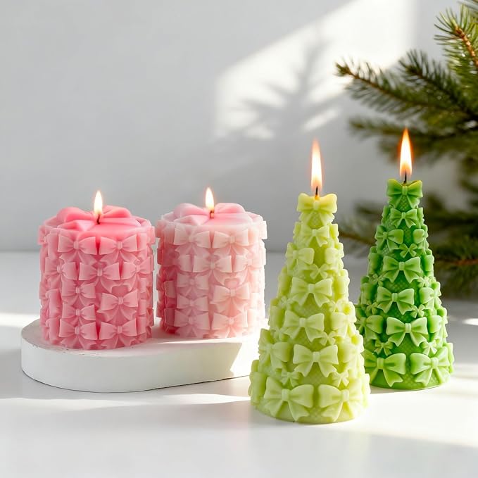Candle Mold for Candle Making, 3D Conical Silicone Mold for Resin Casting DIY Plaster Polymer Clay Home Decoration (Bow&Tree)