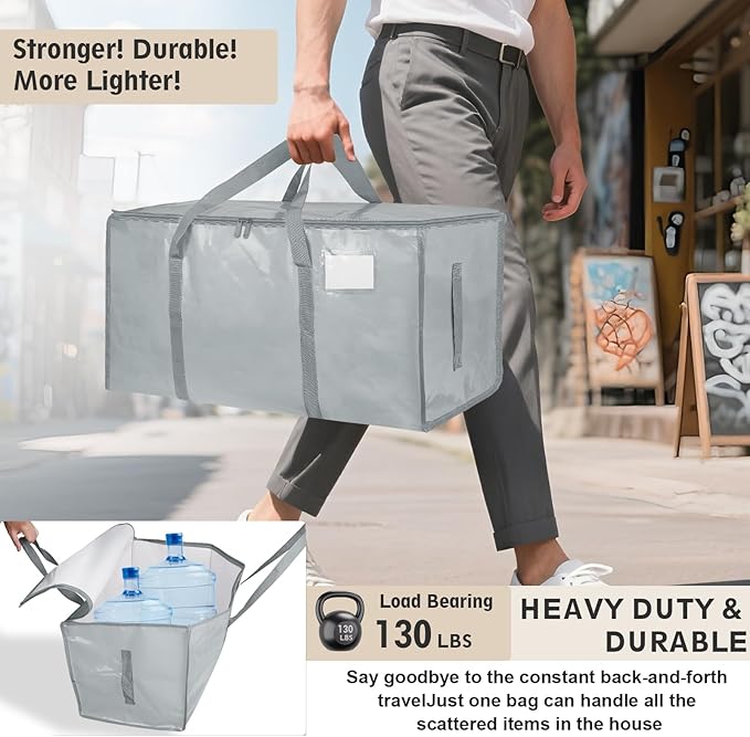 6 Pack-Extra Large Heavy Duty Moving Bags - Waterproof Storage Totes with Handles & Zippers, Foldable for College Dorm, Storage (light gray)