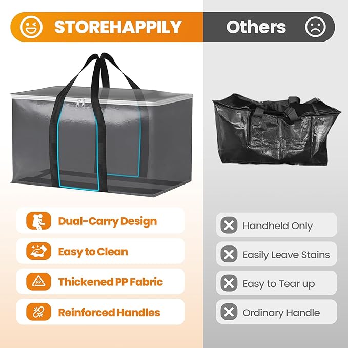 StoreHappily Heavy-Duty & Extra Capacity Moving Bags with Backpack Straps, Storage Totes with Double Zipper & Strong Handles, Packing Bags Alternative to Moving Boxes, Moving Supplies (2 Pack, Black)