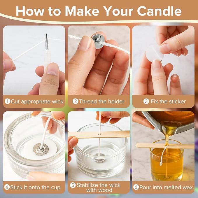 230 FT Candle Wicks with 125 Pcs Metal Candle Wick Sustainer Tabs, 80Pcs Candle Wick Stickers, 5Pcs Wooden Candle Wick Centering Device, 70m Cotton Candle Wicks for Candle Making Kit