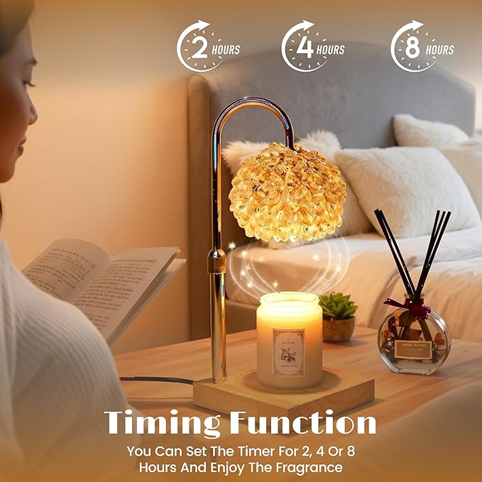 Glass Candle Warmer Lamp with Timer - Adjustable Height Candle Lamp Warmer with Crystal Shade, Timer (8H/4H/2H) - Wax Melter with Jar Candle - Ideal Gift, fits Various Size Candles