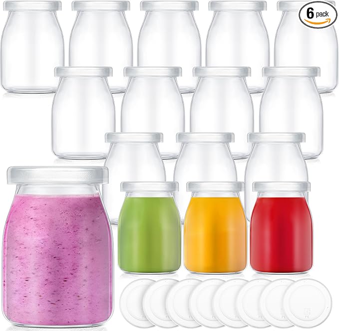 Zubebe 6 Pack 5 oz Christmas Glass Milk Bottles with 12 Lids - Versatile Small Glass Jars for Holiday Party Favors, DIY Decorations, Yogurt Pudding, and Juice, Reusable