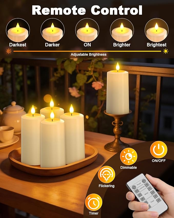 SoulBay Flameless LED Candles, 4-Pack USB Rechargeable, Flickering Waterproof White Pillar Candles with Remote Control Timer for Outdoor Lantern Patio Yard Indoor Holiday Decor, 2.75 x 5.1 Inches