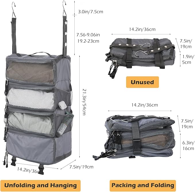 TABITORA Travel Luggage Organizer Hanging Packing Cubes Portable Hanging Shelves Carry on Closet for Suitcase with 2 Hooks,Collapsible(Gray,M)