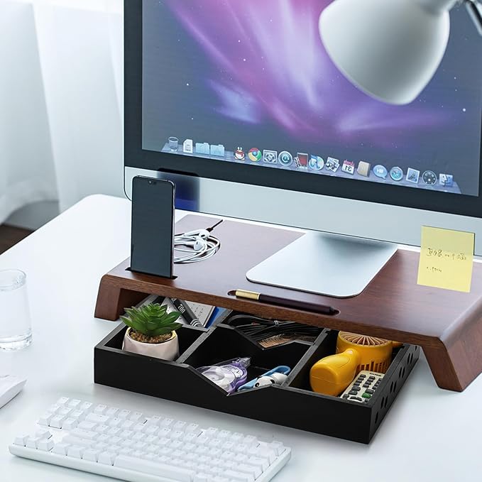 TOPZEA Wood Desk Drawer Organizer Tray, 6 Slot Junk Drawer Organizer with 2 Adjustable Divider Office Supplies Storage Organization for Desktop, Bathroom, Kitchen, Makeup, Vanity, Black