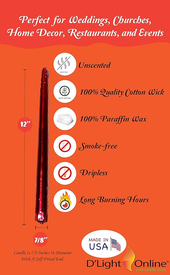 D'light Online Elegant 12" Unscented Metallic Red Taper Candles, Premium Quality Hand-Dipped Tapered Candles, Dripless and Smokeless - Set of 12 (12 Inch, Metallic Red)