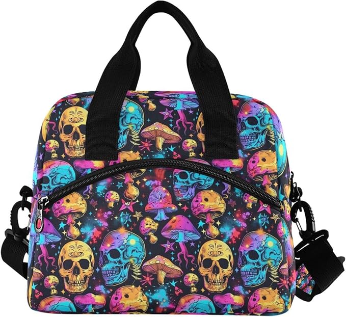 CBBYY Lunch Bags for Women Men, Reusable Insulated Lunch Box, Adjustable Shoulder Straps Tote Lunch Bag for Work Picnic School (Psychedelic skull)